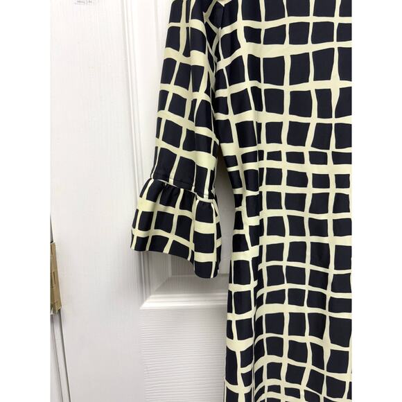 Jude Connally Dress Navy Cream Geometric Print Stretch Scoop Neck Ruffle Size S - Picture 5 of 5
